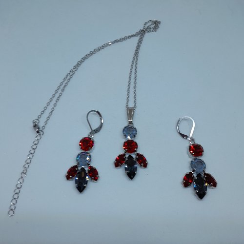 Parure acier et  cristaux swarovski rouges et argentés création unique