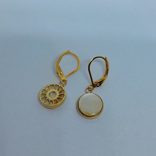 Boucles d'oreille soleil plaquées or 24 carats et nacre création unique