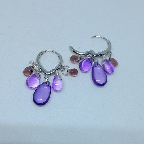 Créoles acier inoxydable  et verre de bohème violet création unique