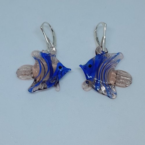 Boucles d'oreille dormeuses poissons verre de murano et argent création unique