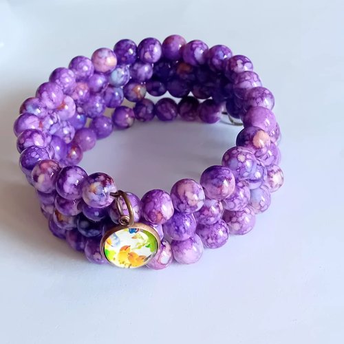 Bracelet thème oiseaux & perles violettes