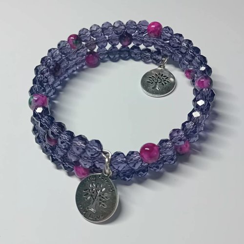 Bracelet double tour – perles facettées violettes & pierres roses