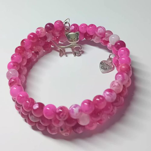 Bracelet double tour en perles roses – breloque chat & cœur “i  my cat”