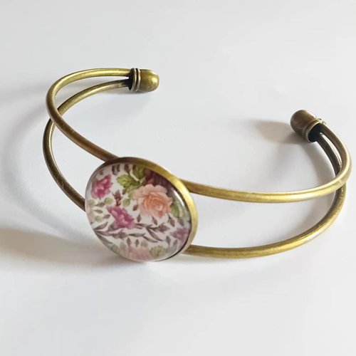 Bracelet jonc double en métal bronze – cabochon floral vintage