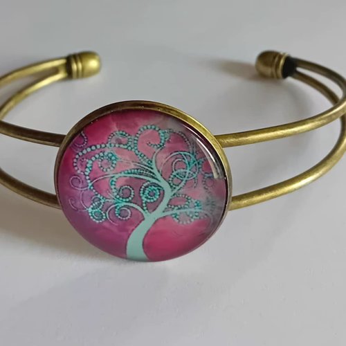 Bracelet jonc arbre de vie rose – bracelet bohème doré ajustable