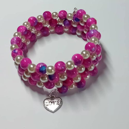 Bracelet perles rose & ivoire – charm « love »
