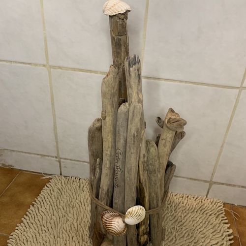 Brosse de toilettes dans pot caché dans le bois flotté