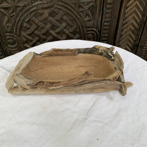 Corbeille rectangulaire, intérieur toile de jute, extérieur bois flotté