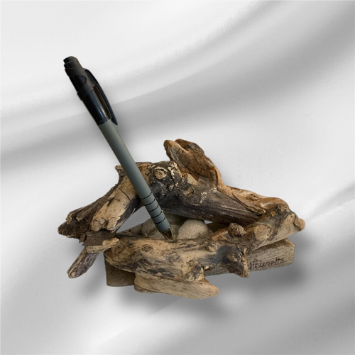 Porte stylo écolo, en bois flotté et galet made in france