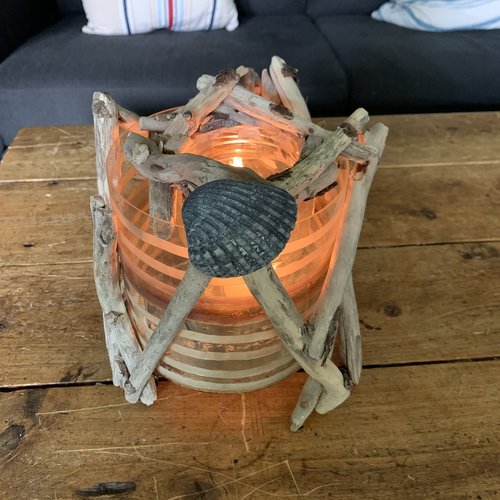 Bougeoir en bois flotté et 1 grosse bougie pour ambiance cosy