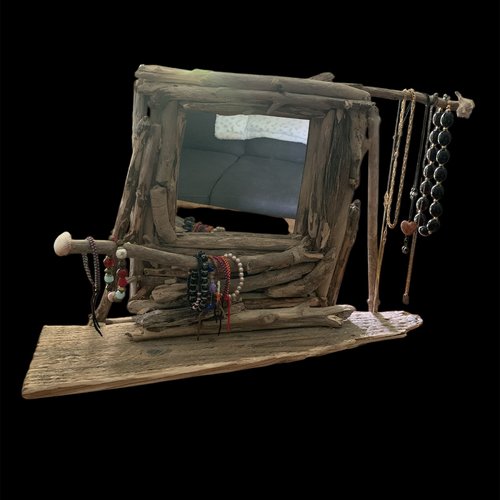 Miroir en bois flotté, étagère et porte bijoux intégré