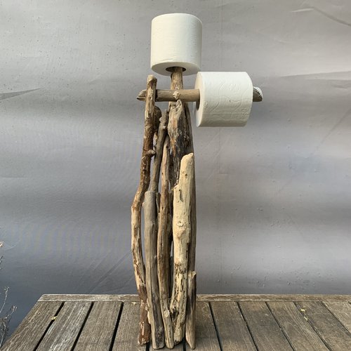 Distributeur de papier toilette écolo, en bois flotté, décoré de coquillages