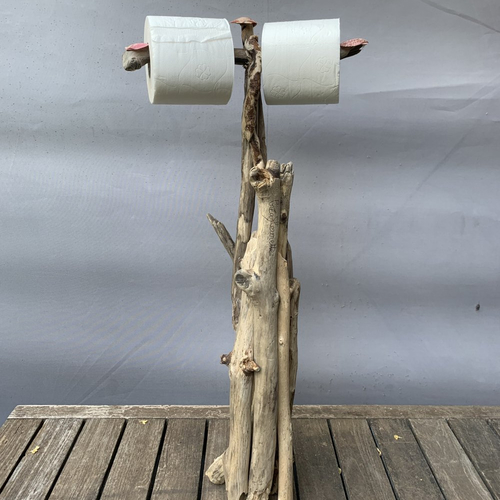 Distributeur de papier toilette écolo, en bois flotté, décoré de coquillages