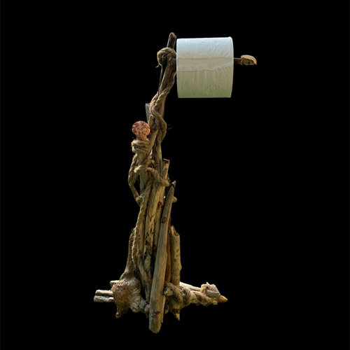 Distributeur de papier toilette 0 déchet, en bois flotté, décoré de coquillages et corde