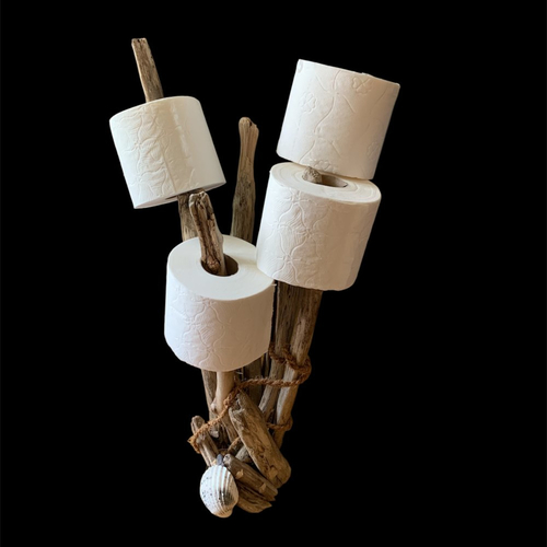 Distributeur de papier toilette, en bois flotté,  corde de chanvre et coquillage pour 4 rouleaux