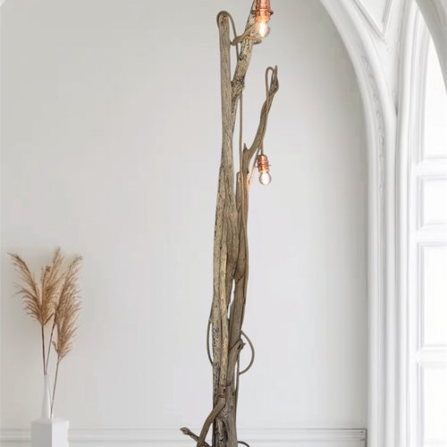 Lampadaire en bois flotté, 2 ampoules sur douilles couleur cuivre