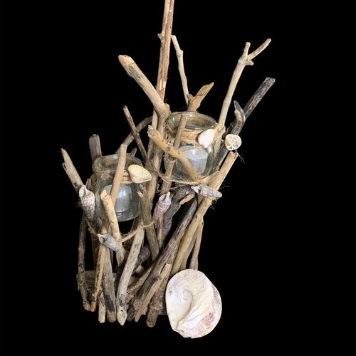 Bougeoir en bois flotté décoré de coquillages et 2 bougies pour déco à noël