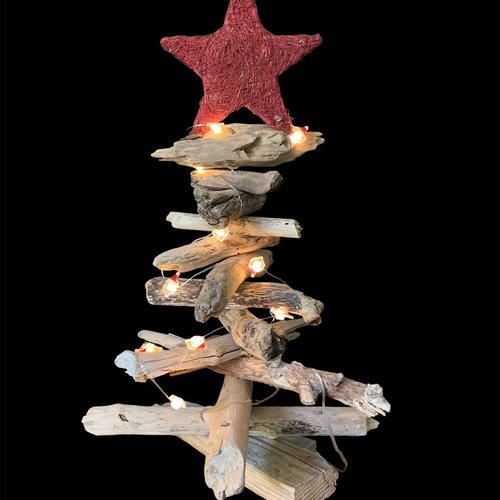 Sapin de noël en bois flotté et guirlande lumineuse - hauteur 48 cm