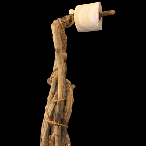 Distributeur de papier toilette, 0 déchet, en bois flotté, décoré de corde et coquillages