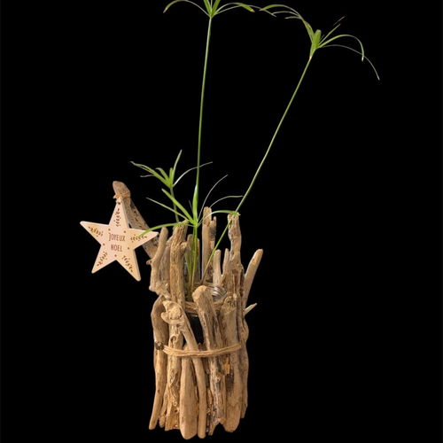 Vase en bois flotté, décoré d'une étoile en bois "joyeux noël"