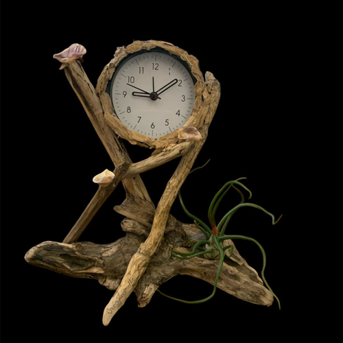 Horloge en bois flotté, décorée de nacres et d'un tillandsia