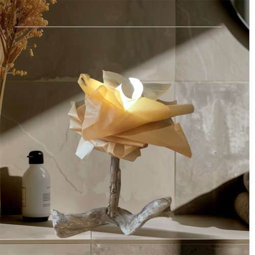 Lampe naturelle en bois flotté, abat jour en papier