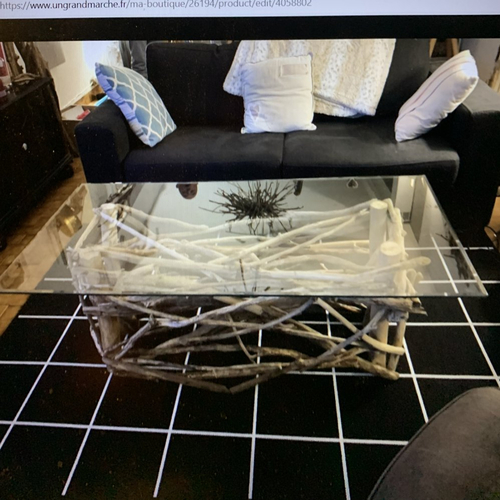 Table basse en bois flotté et plateau en verre