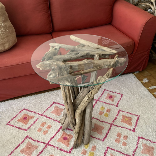 Guéridon en bois flotté et plateau rond en verre trempé, diamètre 50 cm
