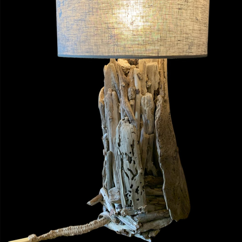 Lampe originale, en bois flotté, abat-jour gris
