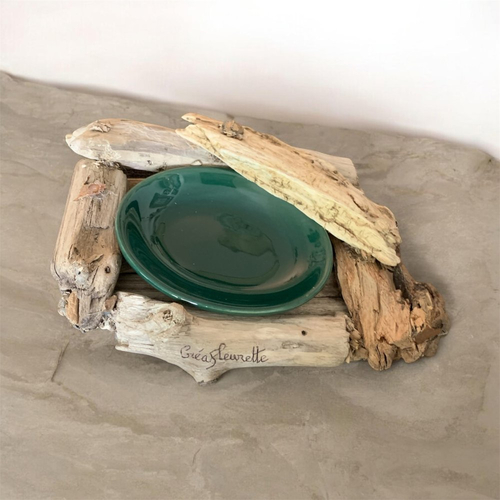 Porte savon en bois flotté et coupelle verte