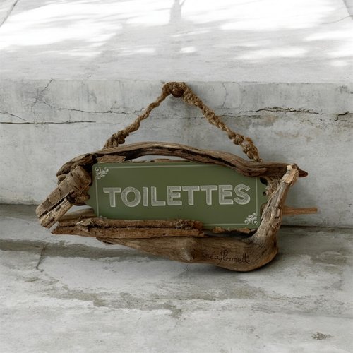 Plaque de porte en bois flotté et plaque métallique verte pour toilettes