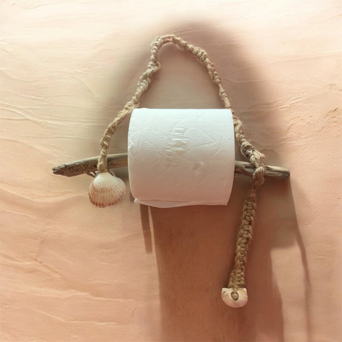 Dérouleur de papier toilette, en bois flotté et 2 coquillages