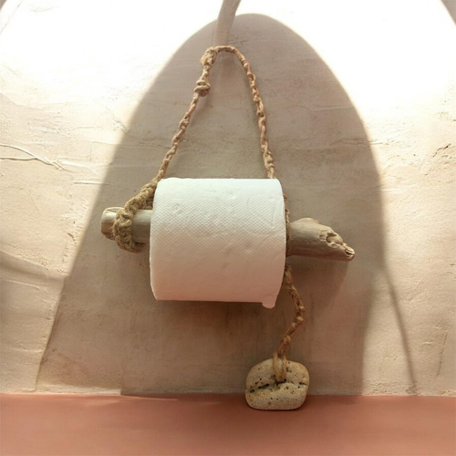 Dérouleur de papier toilette, en bois flotté, galet et corde de chanvre