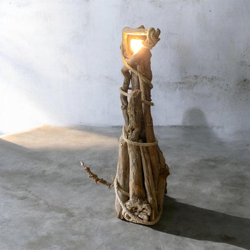 Lampadaire en bois flotté et corde de chanvre, pour salon. hauteur 103 cm