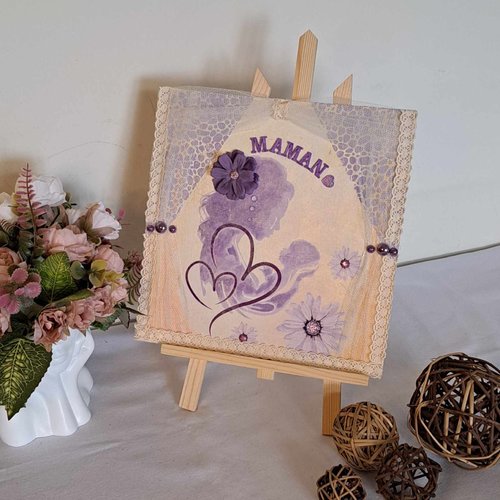 Tableau unique  en mix média - maman  et son bébé - couleur lilas