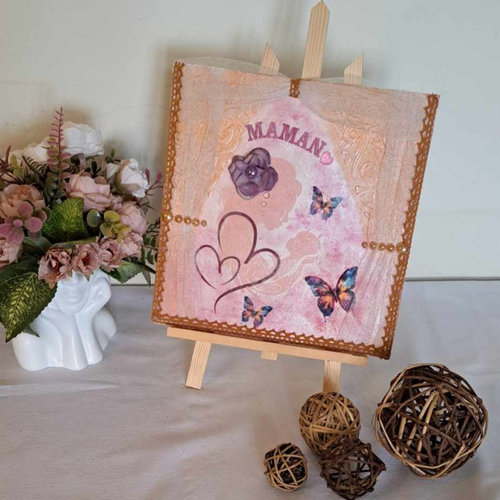 Tableau unique  en mix média - maman  et son bébé - couleur lilas