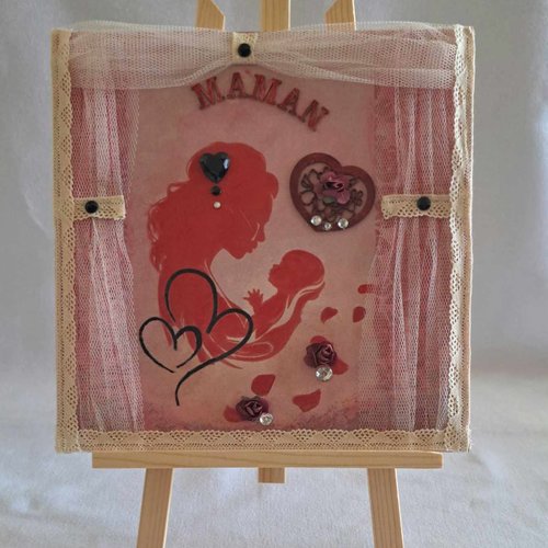 Tableau unique  en mix média - maman  et son bébé