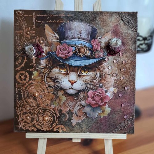 Tableau mix média  "le chat steampunk gentilhomme"