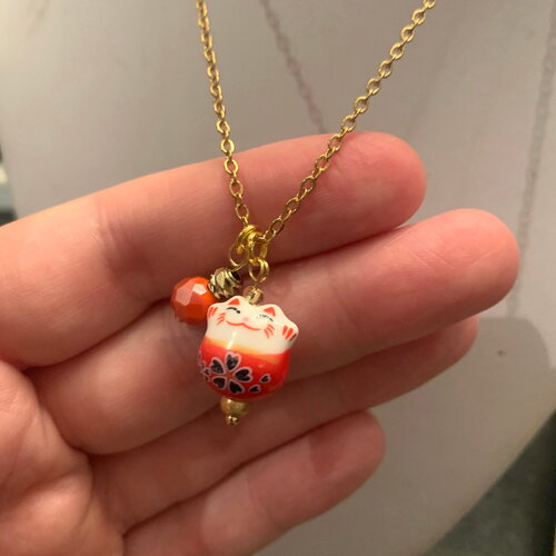 Collier pendentif porte bonheur chat chinois, fait main, collier chat chinois, pendentif chat chinois, collier porte bonheur, cadeau