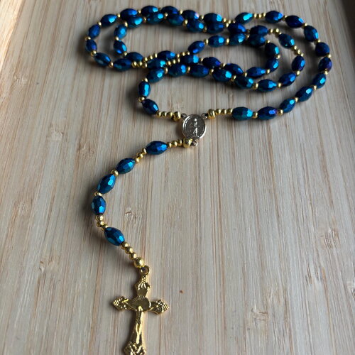 Chapelet chrétien, rosaire chrétien, chapelet chrétien tout or, chapelet perles bleu, chapelet croix or, chapelet porte bonheur, cadeaux