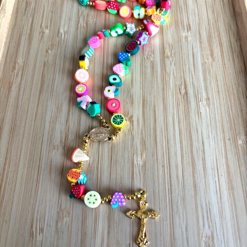 Chapelet chrétien fruits du paradis, rosaire spirituel en fimo, chapelet fait main, chapelet fruits exotiques, cadeau religieux, cadeau