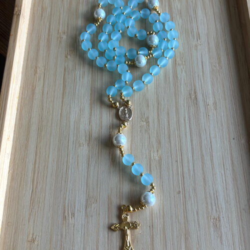 Chapelet chrétien, rosaire chrétien, chapelet perles verre, chapelet perles bleu , chapelet de protection, chapelet porte bonheur, cadeau