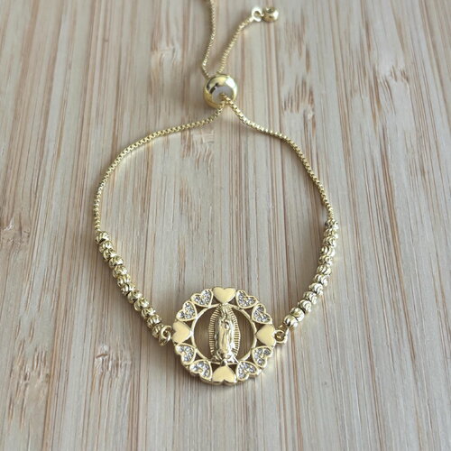 Bracelet fin vierge marie doré, acier inoxydable, cœurs et zircons scintillants, bijoux spirituel et porte bonheur, cadeau religieux,