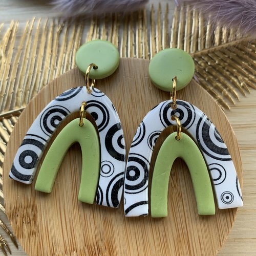 Boucles d’oreilles les arches fait main en france, modèle unique avec des couleurs acidulées et ses motifs assorties noir et blanc