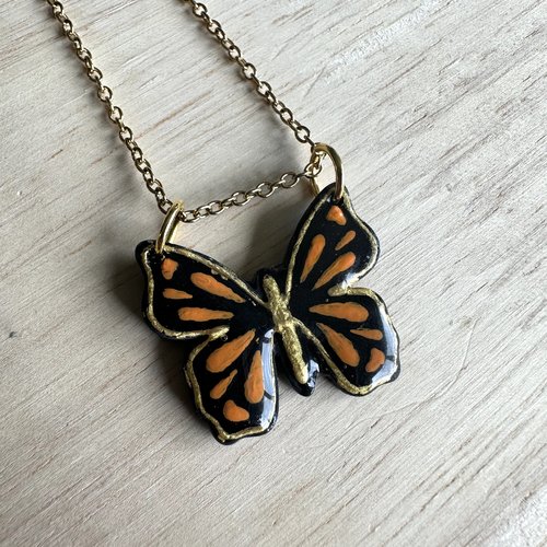 Collier pendentif femme,  papillon orange, pendentif papillon orange, collier or 14k, cadeau anniversaire femme, collier nature