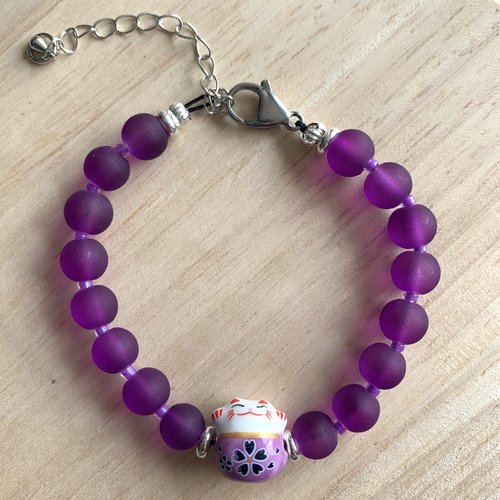 Bracelet réglable femme, bracelet porte bonheur chat chinois avec perles en verre violet,