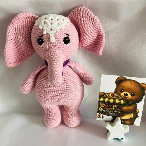 Doudou éléphante rose en coton bio fait main
