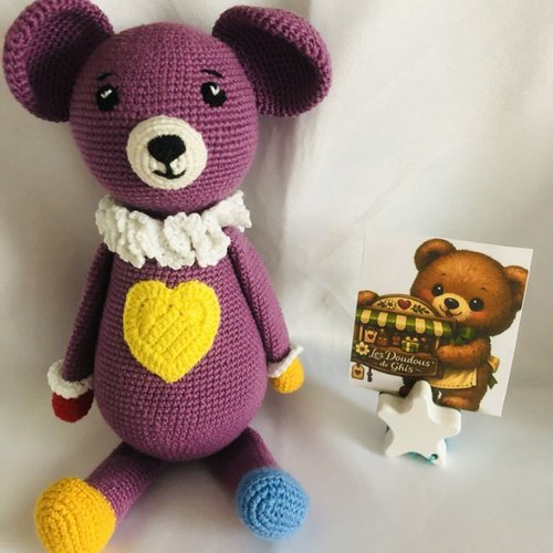 Doudou ours violet au crochet, peluche bébé en coton bio fait main les doudous de ghis