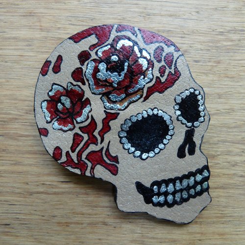 Broche cuir "crâne mexicain" fleurs