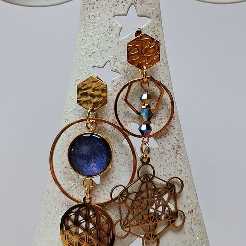 Boucles acier inoxydable dépareillées "energy" metatron , fleur de vie